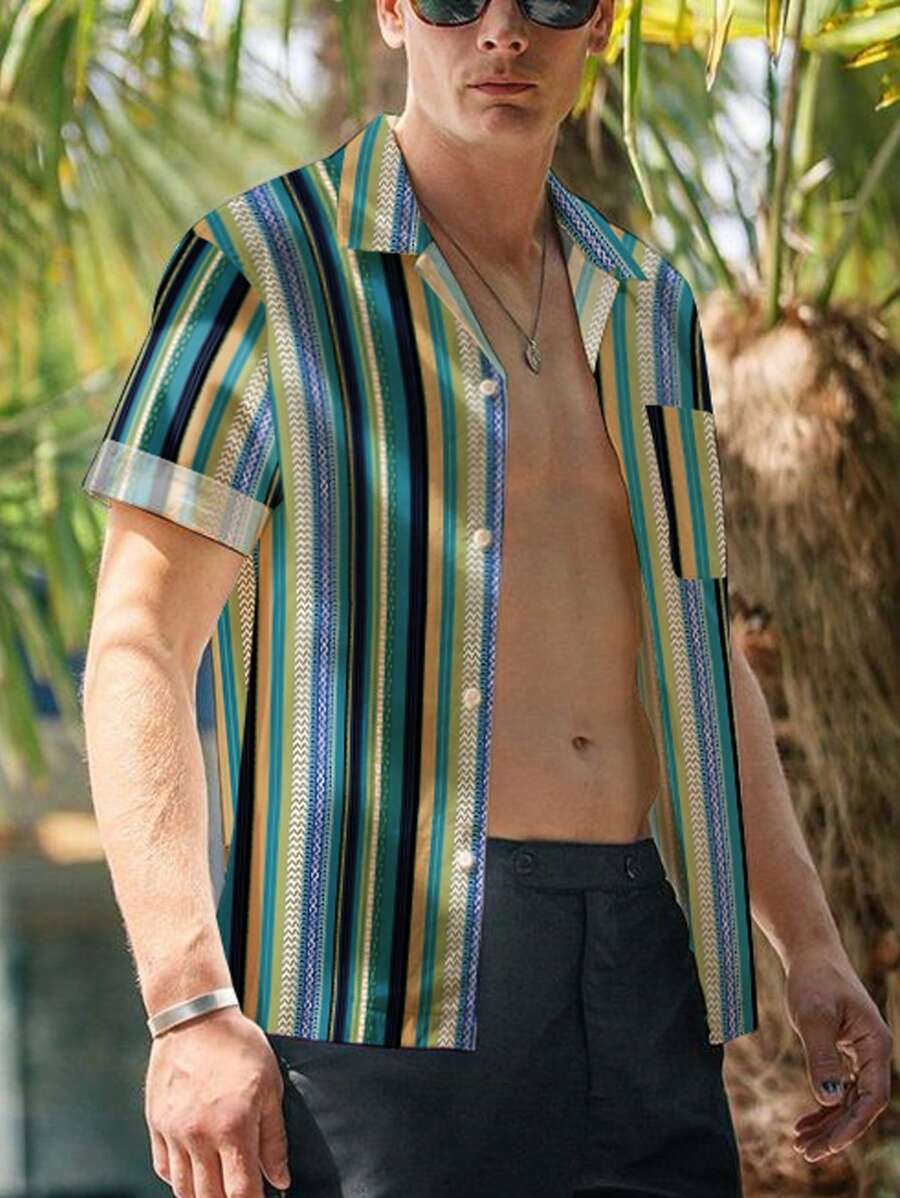 Men Striped Button Up Shirt - Multicolor - View 1