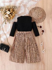 Baby Girl Cold Shoulder Tee & Leopard Print Pleated Skirt & Hat - Multicolor - View 2