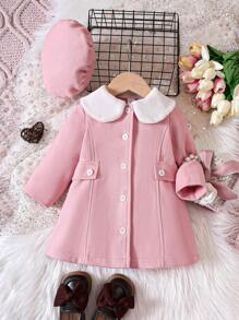 Baby Girl Contrast Peter Pan Collar Button Front Coat & Hat - Pink - View 1
