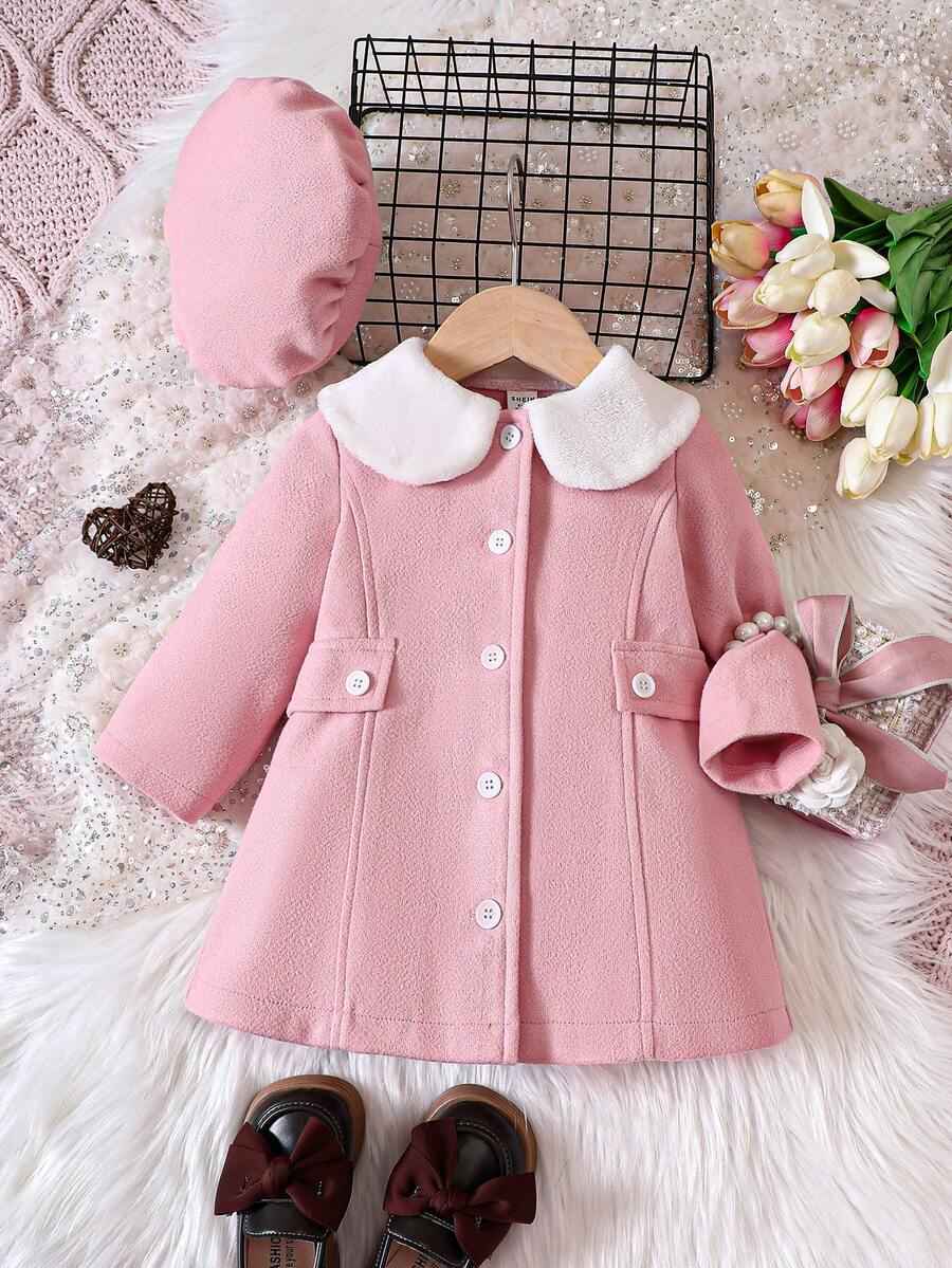 Baby Girl Contrast Peter Pan Collar Button Front Coat & Hat - Pink - View 1