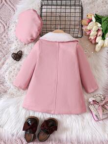 Baby Girl Contrast Peter Pan Collar Button Front Coat & Hat - Pink - View 2