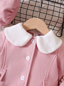 Baby Girl Contrast Peter Pan Collar Button Front Coat & Hat - Pink - View 4