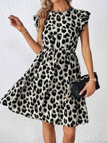 SHEIN Privé Leopard Print Ruffle Trim Dress - Grey - View 1