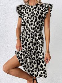 SHEIN Privé Leopard Print Ruffle Trim Dress - Grey - View 3