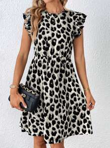 SHEIN Privé Leopard Print Ruffle Trim Dress - Grey - View 4