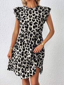 SHEIN Privé Leopard Print Ruffle Trim Dress - Grey - View 5