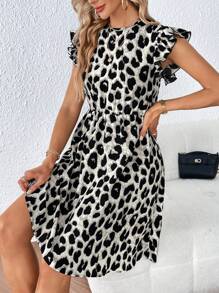 SHEIN Privé Leopard Print Ruffle Trim Dress - Grey - View 6