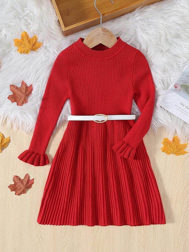SHEIN בחורה צעירה שרוולים מתרחבים שמלות סריג ללא חגורה - אדום - ראה 1