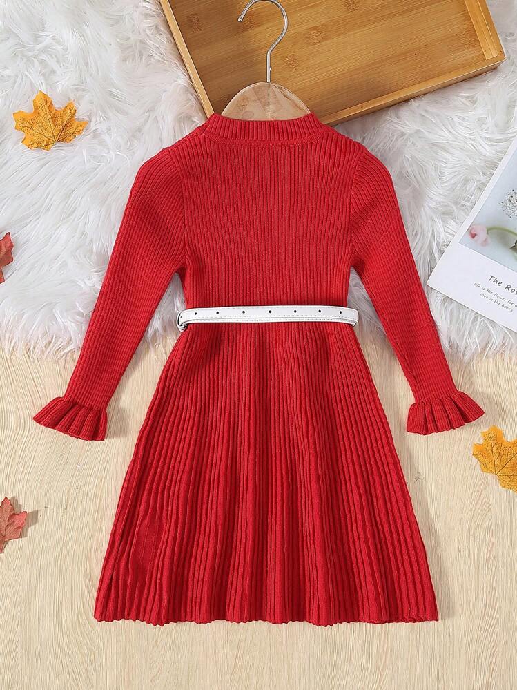 SHEIN בחורה צעירה שרוולים מתרחבים שמלות סריג ללא חגורה - אדום - ראה 2