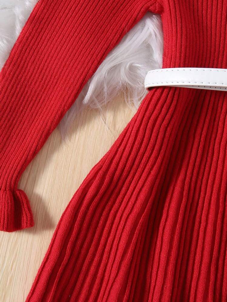 SHEIN בחורה צעירה שרוולים מתרחבים שמלות סריג ללא חגורה - אדום - ראה 3