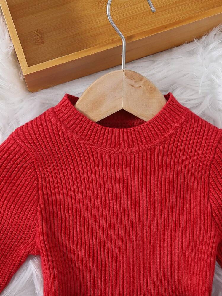 SHEIN בחורה צעירה שרוולים מתרחבים שמלות סריג ללא חגורה - אדום - ראה 4