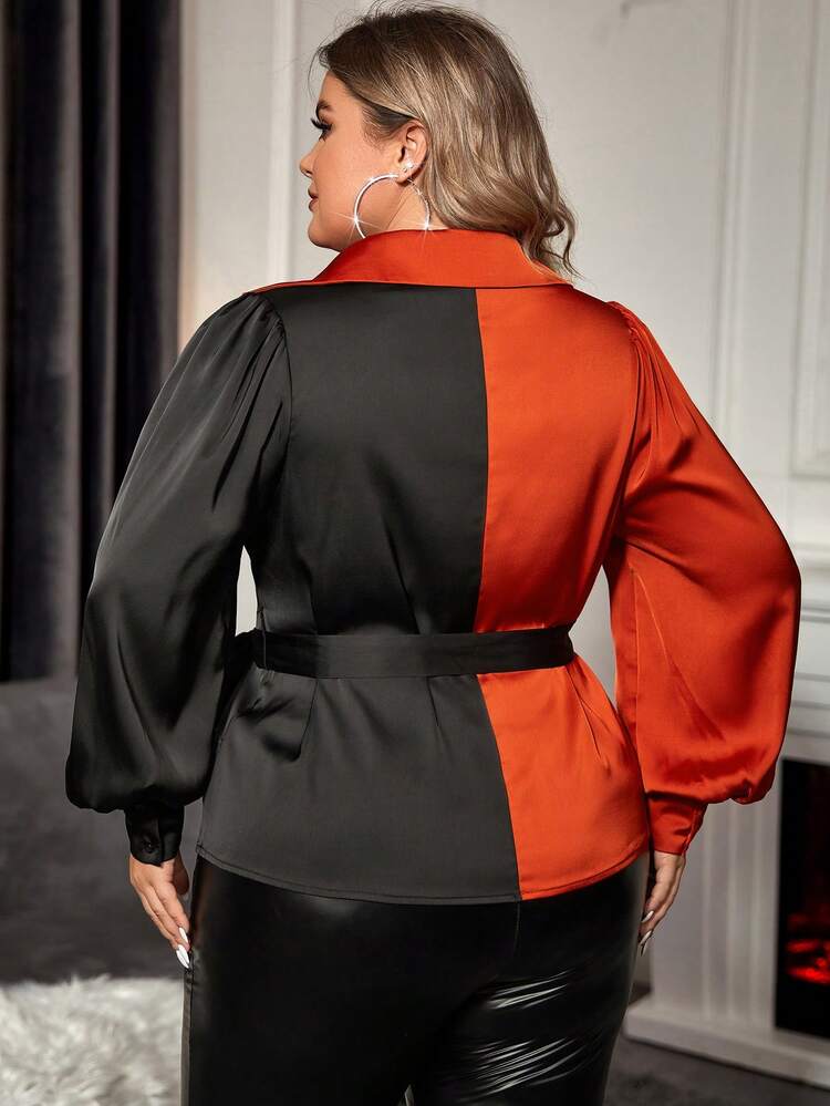 Plus Two Tone Lantern Sleeve Knot Side Wrap Blouse