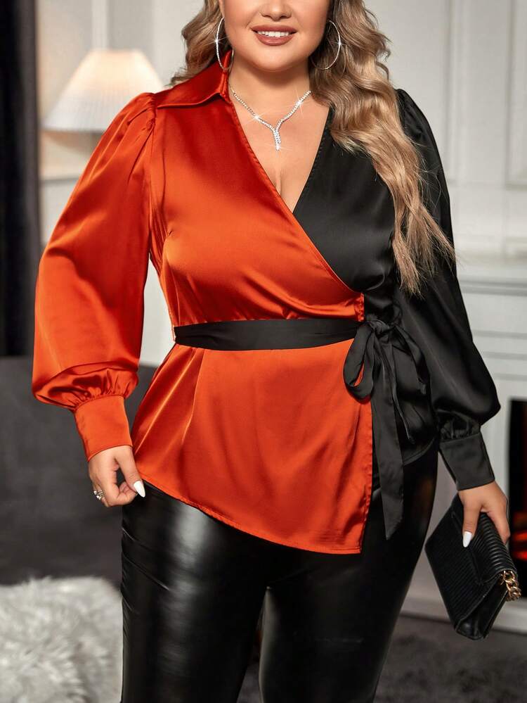Plus Two Tone Lantern Sleeve Knot Side Wrap Blouse