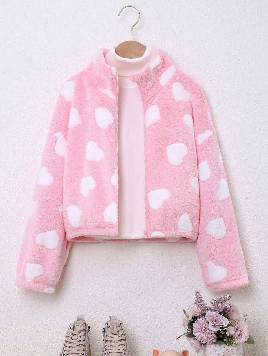SHEIN 女大童愛心圖案落肩袖拉鍊開襟夾克 - 彩色 - 查看 1