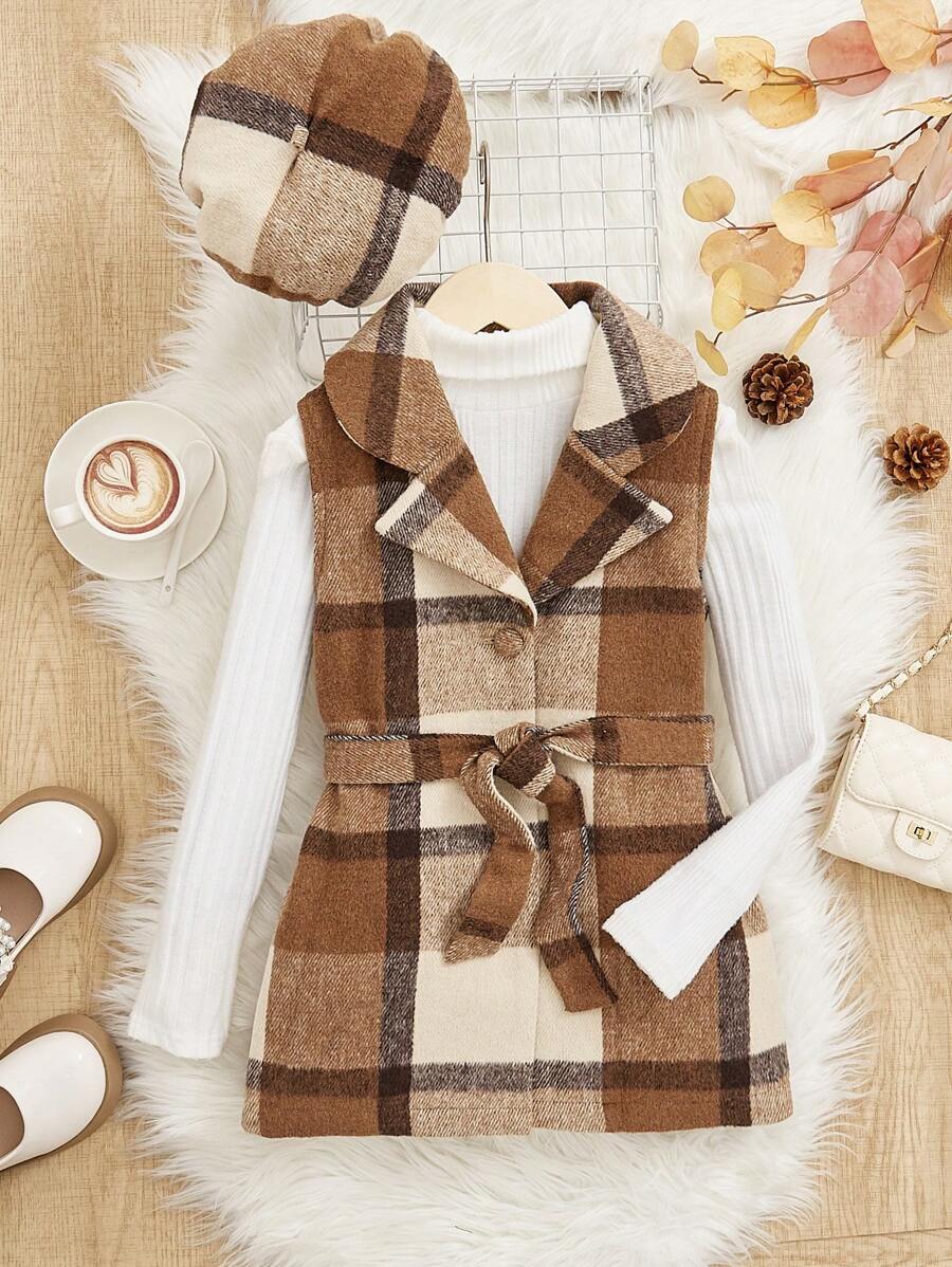 SHEIN Cô gái Tween In kẻ sọc Thắt lưng Áo khoác vest & Mũ Không có áo len - Nhiều màu - Xem 1