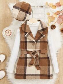 SHEIN Cô gái Tween In kẻ sọc Thắt lưng Áo khoác vest & Mũ Không có áo len - Nhiều màu - Xem 5