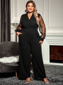 SHEIN Clasi Plus Contrast Mesh Sleeve Wide Leg Jumpsuit - Black - View 1