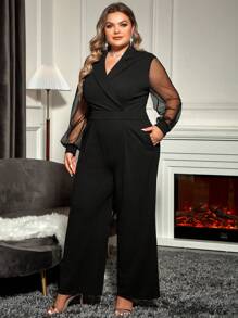 SHEIN Clasi Plus Contrast Mesh Sleeve Wide Leg Jumpsuit - Black - View 3