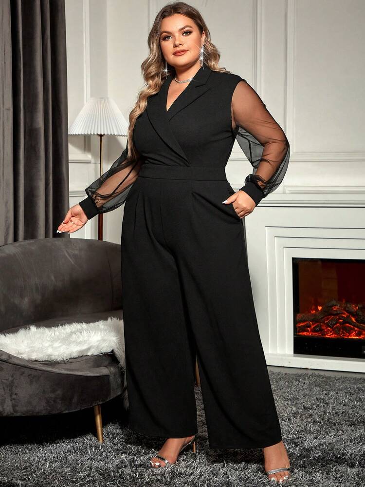 Plus Contrast Mesh Sleeve Wide Leg Jumpsuit