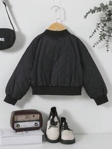 SHEIN 女孩休閒棒球領中厚短夾克，梭織布料 - 黑色 - 查看 2