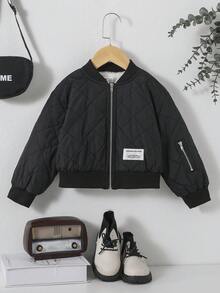 SHEIN 女孩休閒棒球領中厚短夾克，梭織布料 - 黑色 - 查看 3