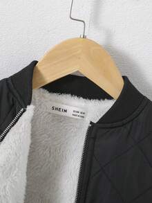 SHEIN 女孩休閒棒球領中厚短夾克，梭織布料 - 黑色 - 查看 4