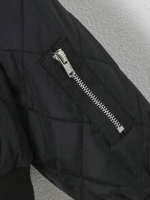 SHEIN 女孩休閒棒球領中厚短夾克，梭織布料 - 黑色 - 查看 5