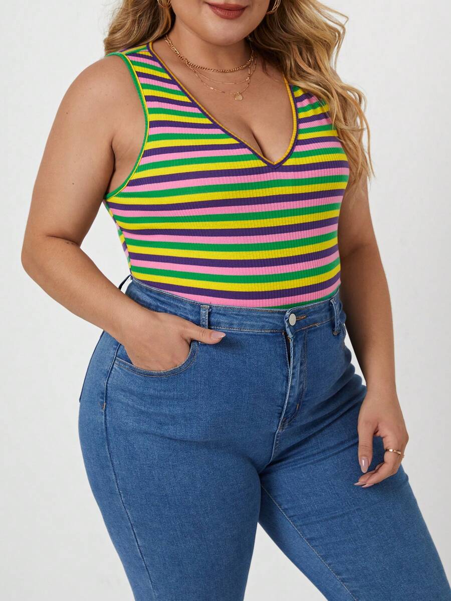 SHEIN Privé Plus Striped Print Tank Bodysuit - Multicolor - View 1
