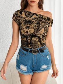 SHEIN Privé Top con estampado floral de cuello asimétrico - Albaricoque - Ver 1