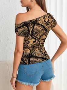 SHEIN Privé Top con estampado floral de cuello asimétrico - Albaricoque - Ver 2