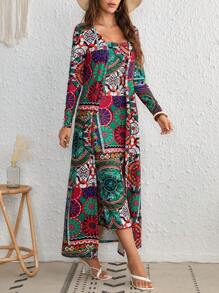 SHEIN VCAY 色塊拼接圖案抹胸連衣裙&開門襟外套 - 彩色 - 查看 5