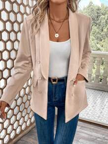 SHEIN LUNE 青果領雙排扣西裝外套 - 杏色 - 查看 5