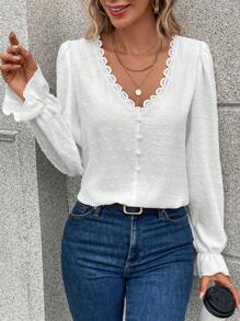 Calvaya Swiss Dot Guipure Lace Trim Flounce Sleeve Blouse,Long Sleeve Tops Fall Cloth For Women