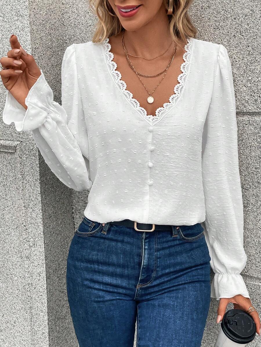 Calvaya Swiss Dot Guipure Lace Trim Flounce Sleeve Blouse,Long Sleeve Tops Fall Cloth For Women