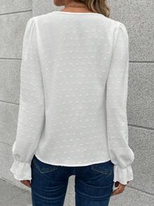 Calvaya Swiss Dot Guipure Lace Trim Flounce Sleeve Blouse,Long Sleeve Tops Fall Cloth For Women