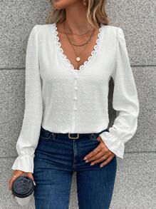 Calvaya Swiss Dot Guipure Lace Trim Flounce Sleeve Blouse,Long Sleeve Tops Fall Cloth For Women