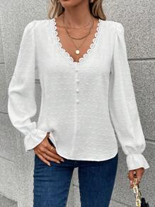 Calvaya Swiss Dot Guipure Lace Trim Flounce Sleeve Blouse,Long Sleeve Tops Fall Cloth For Women