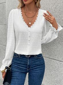 Calvaya Swiss Dot Guipure Lace Trim Flounce Sleeve Blouse,Long Sleeve Tops Fall Cloth For Women