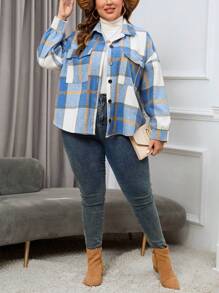 SHEIN Essnce Hơn In kẻ sọc Thả vai Túi có nắp Áo khoác - Màu xanh lam - Xem 5