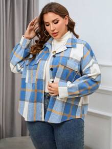 SHEIN Essnce Hơn In kẻ sọc Thả vai Túi có nắp Áo khoác - Màu xanh lam - Xem 6