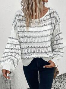 SHEIN LUNE Striped Pattern Drop Shoulder Pointelle Knit Jumper - Multicolor - View 4