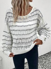 SHEIN LUNE Striped Pattern Drop Shoulder Pointelle Knit Jumper - Multicolor - View 5