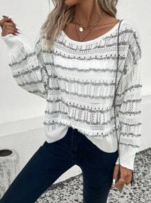 SHEIN LUNE Striped Pattern Drop Shoulder Pointelle Knit Jumper - Multicolor - View 3