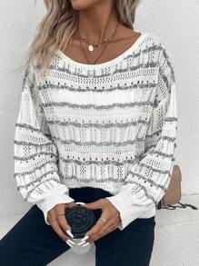 SHEIN LUNE Striped Pattern Drop Shoulder Pointelle Knit Jumper - Multicolor - View 6