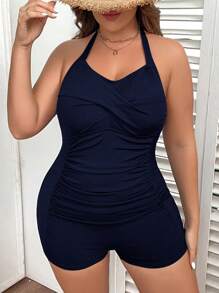 Swim Lushoire Summer Beach Plus Ruched Halter One Piece Swimsuit - Navy Blue - View 1
