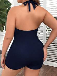 Swim Lushoire Summer Beach Plus Ruched Halter One Piece Swimsuit - Navy Blue - View 2