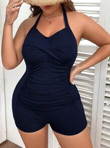 Swim Lushoire Summer Beach Plus Ruched Halter One Piece Swimsuit - Navy Blue - View 5