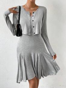 Chiquease Solid Button Front Cami Dress & Lettuce Trim Jacket