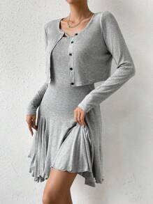 Chiquease Solid Button Front Cami Dress & Lettuce Trim Jacket