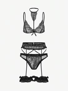 Classic Sexy 5入組花卉蕾絲蝴蝶結細節無鋼圈吊帶襪內衣套裝 - 黑色 - 查看 1